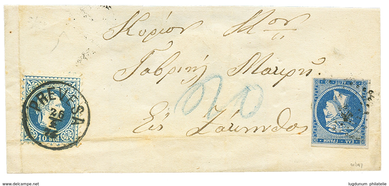 "PREVESA " : 1874 AUSTRIAN LEVANT 10s Canc. PREVESA + GRECE 20l On Cover (fault) To GRECE. Vf. - Oriente Austriaco