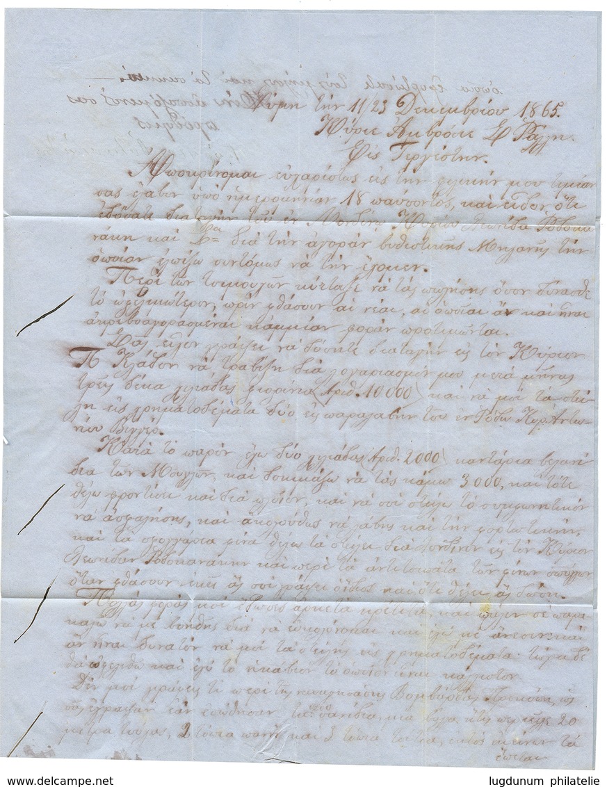 "SIMI Via RHODES" : 1865 RHODUS/27.DIC + "20" Tax Marking On Entire Letter From "SIMI" To TRIESTE. Verso, "RODI" Forward - Levant Autrichien