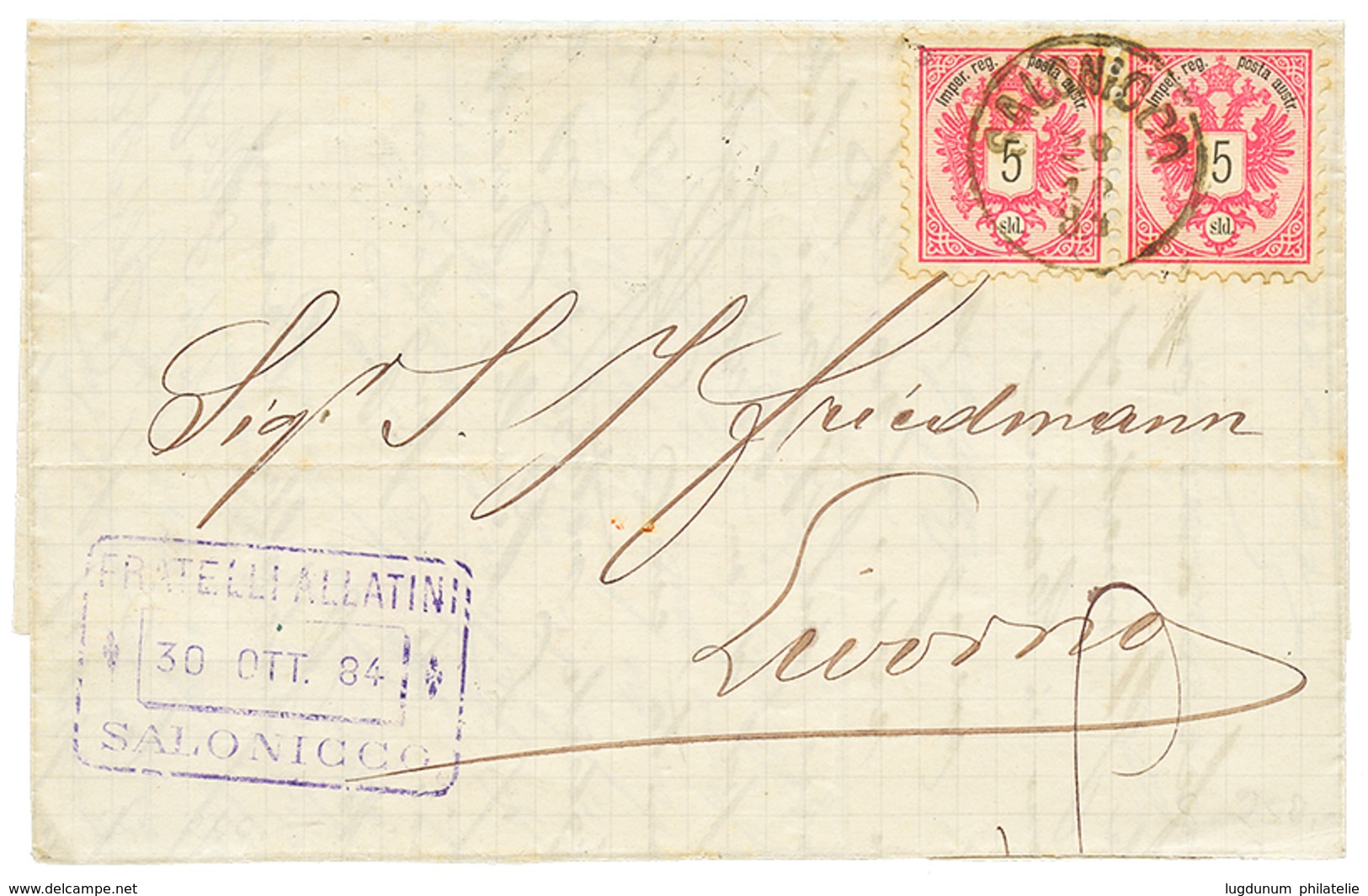 1884 5 Soldi(x2) Canc. SALONICCO On Entire Letter To ITALY. Superb. - Oostenrijkse Levant