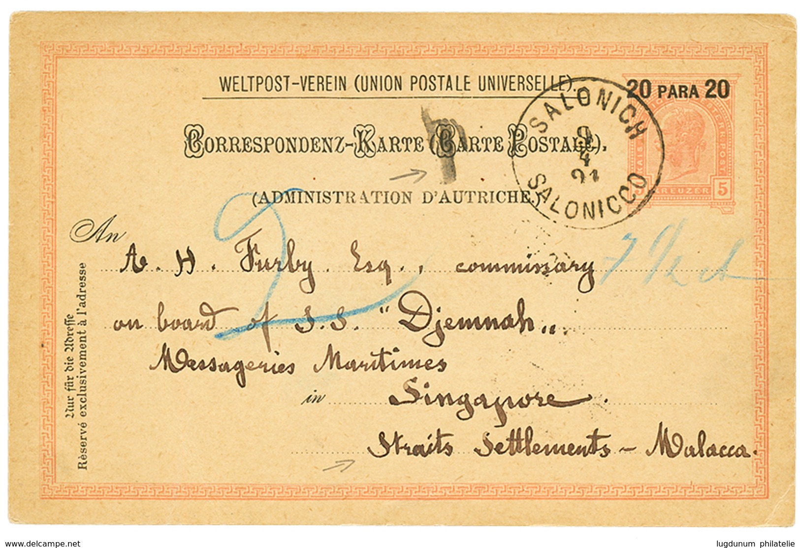 "SALONICH To STRAITS SETTLEMENTS ": 1894 P./Stat 20p Canc. SALONICH To SINGAPORE MALACCA. Superb. - Levant Autrichien