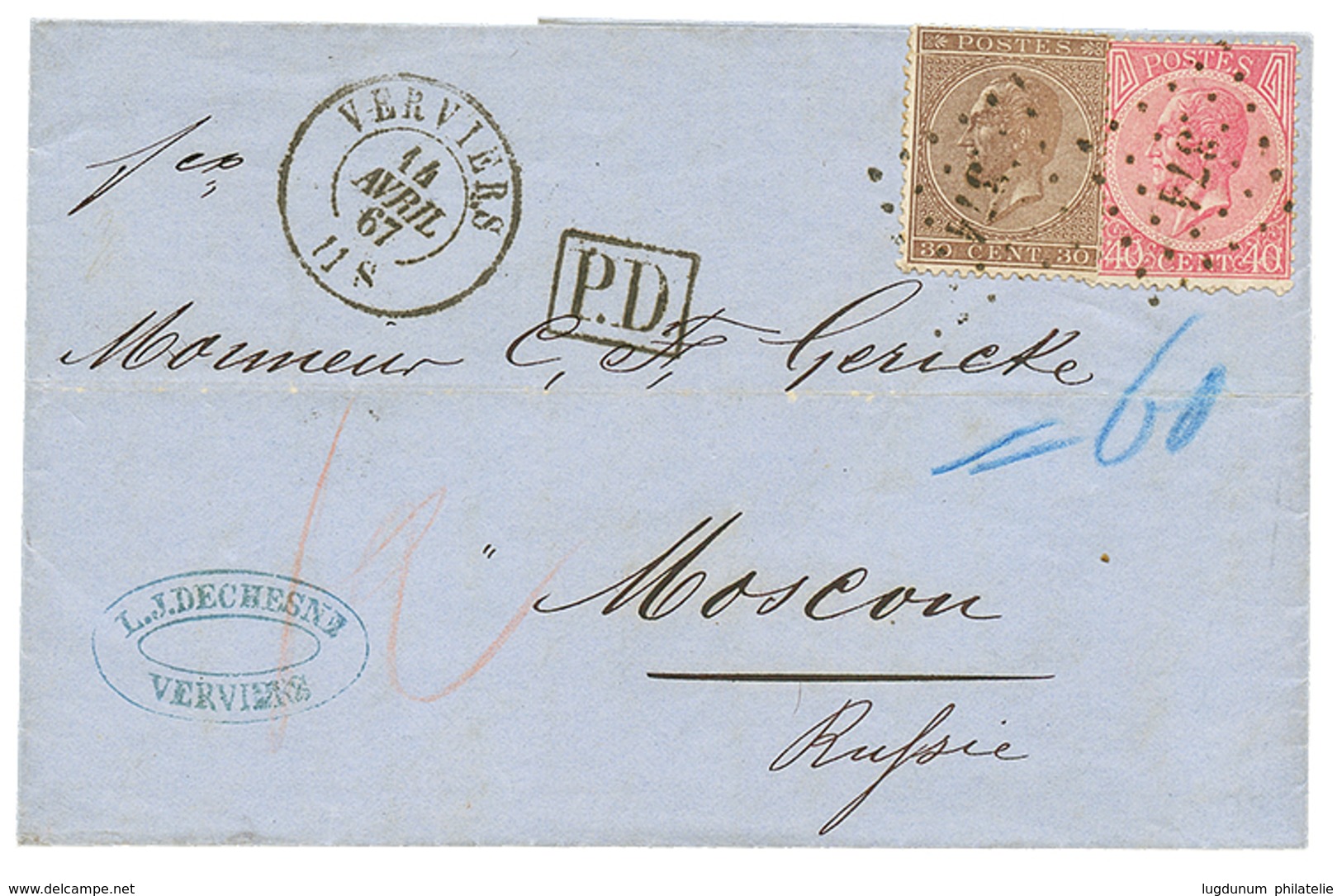 BELGIUM To RUSSIA : 1867 30c + 40c On Entire Letter From VERVIERS To MOSCOU (RUSSIA). RARE. Vvf. - Autres & Non Classés