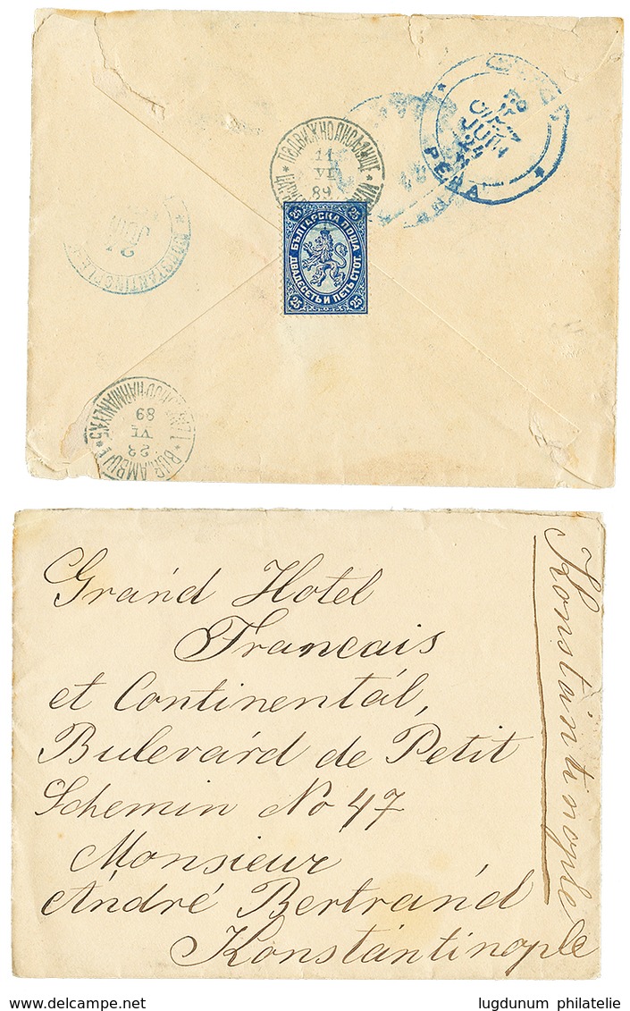 BULGARIA : 1889 2 Covers To CONSTANTINOPLE With 25c + Blue Negativ Cachet (scarce) And 5c(x5) Canc. BUR. AMBULANT TZAABR - Other & Unclassified