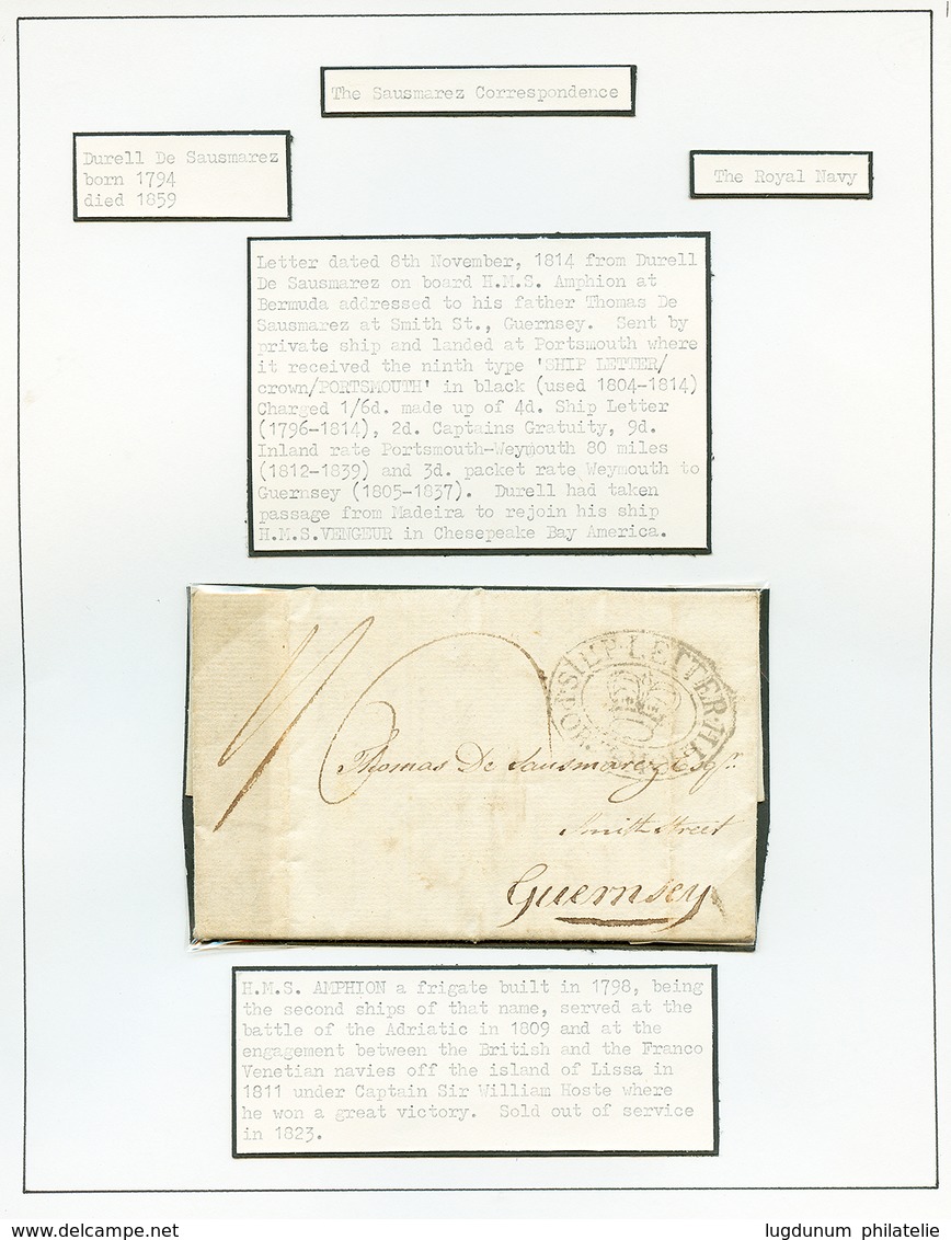 BERMUDA - H.M.S AMPHION To GUERNESEY : 1814 SHIP LETTER PORTSMOUTH On Entire Letter Datelined "BERMUDA, H.M.S AMPHION" T - Autres & Non Classés