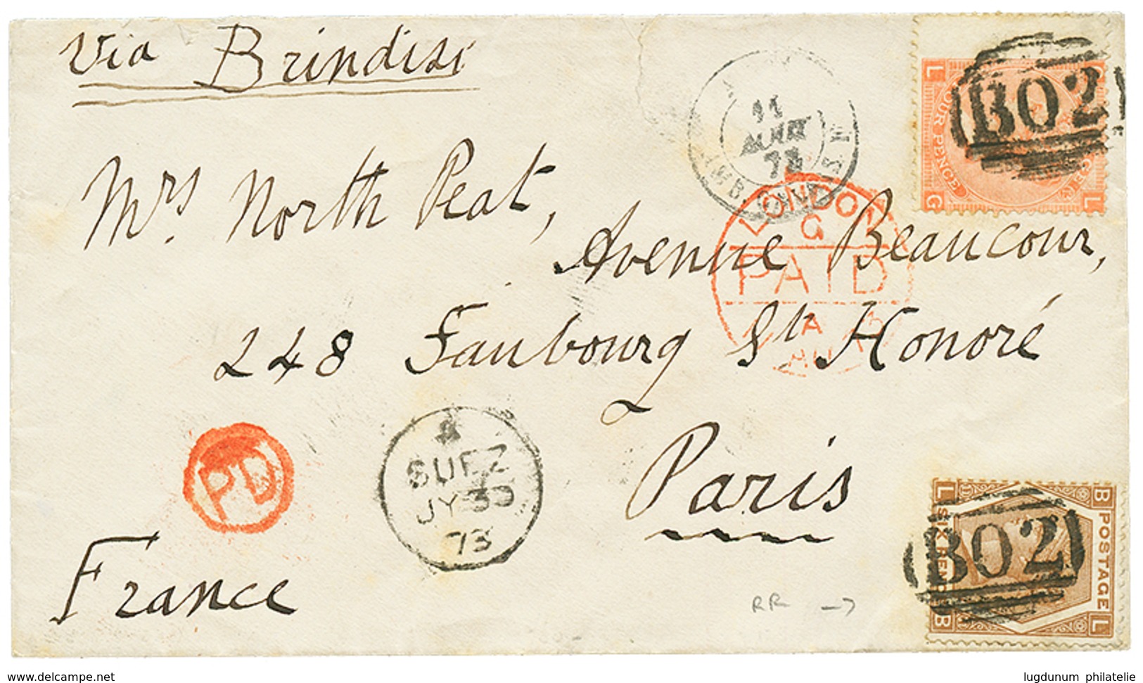 SUEZ : 1873 Rare 6d Brown + 4d Canc. B02 + SUEZ On Envelope To PARIS. Vvf. - Autres & Non Classés