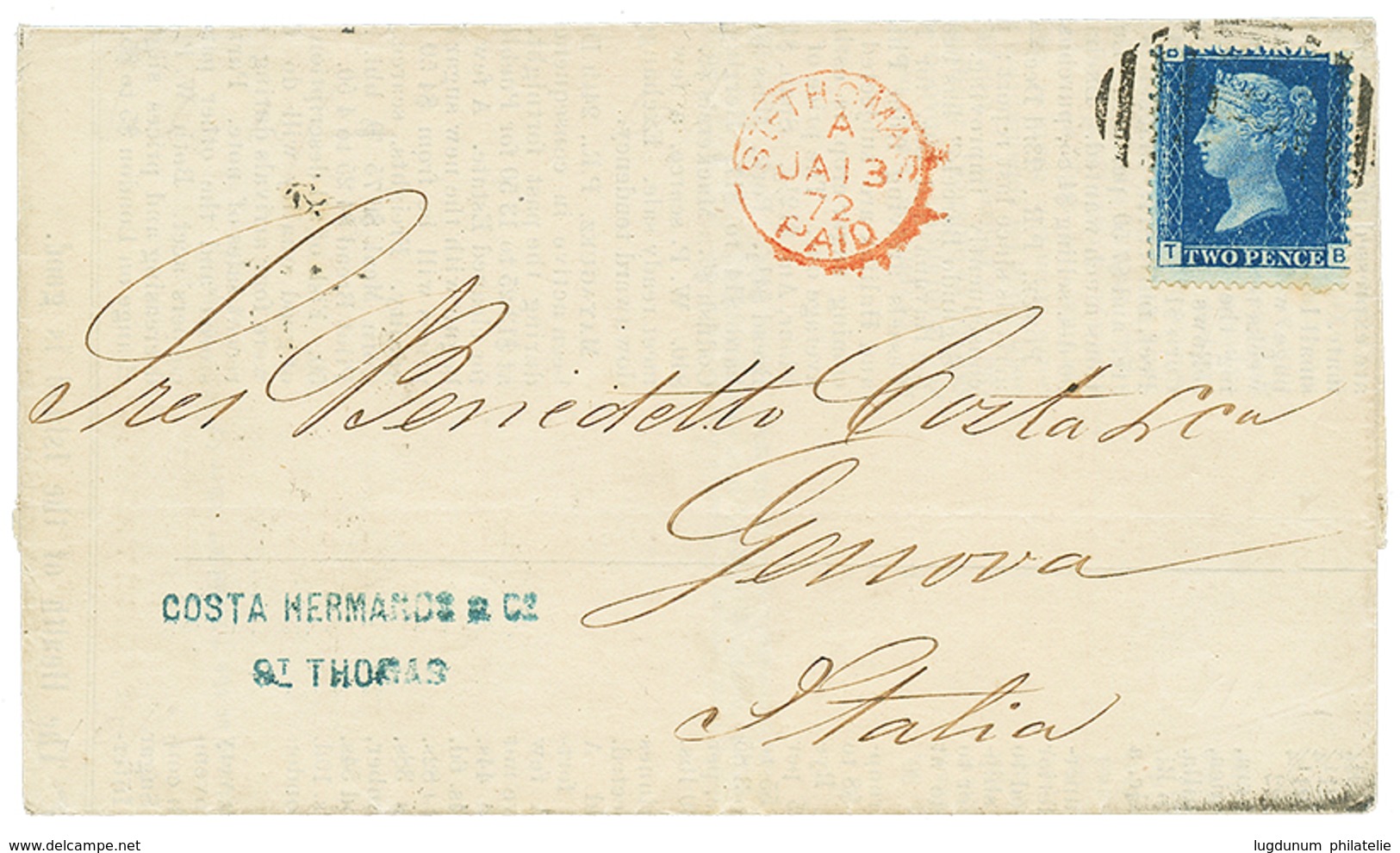 BRITISH P.O ST THOMAS : 1872 GB 2d Canc. C51 + ST THOMAS PAID On Complete PRINTED MATTER From ST THOMAS To GENOVA(ITALY) - Otros & Sin Clasificación