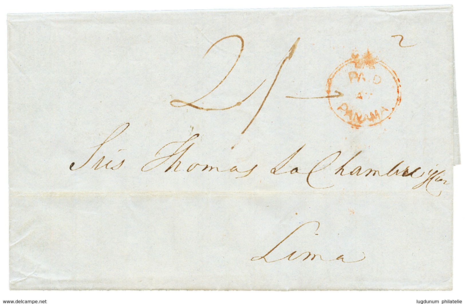 1849 PAID AT PANAMA + "2/-" Tax Marking On Entire Letter From PANAMA To LIMA (PERU). Vvf. - Autres & Non Classés