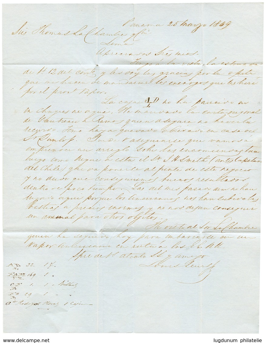 1849 PAID AT PANAMA + "2/-" Tax Marking On Entire Letter From PANAMA To LIMA (PERU). Vvf. - Otros & Sin Clasificación