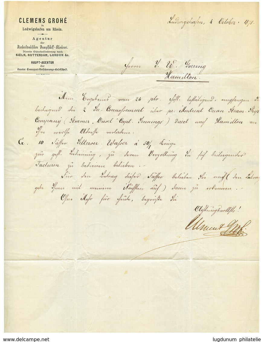 "Destination CANADA" : 1871 "18" Tax Marking + K.B BAHNPOST On Entire Letter With Text FromLUDWIGSHAFEN To HAMILTON (CAN - Autres & Non Classés