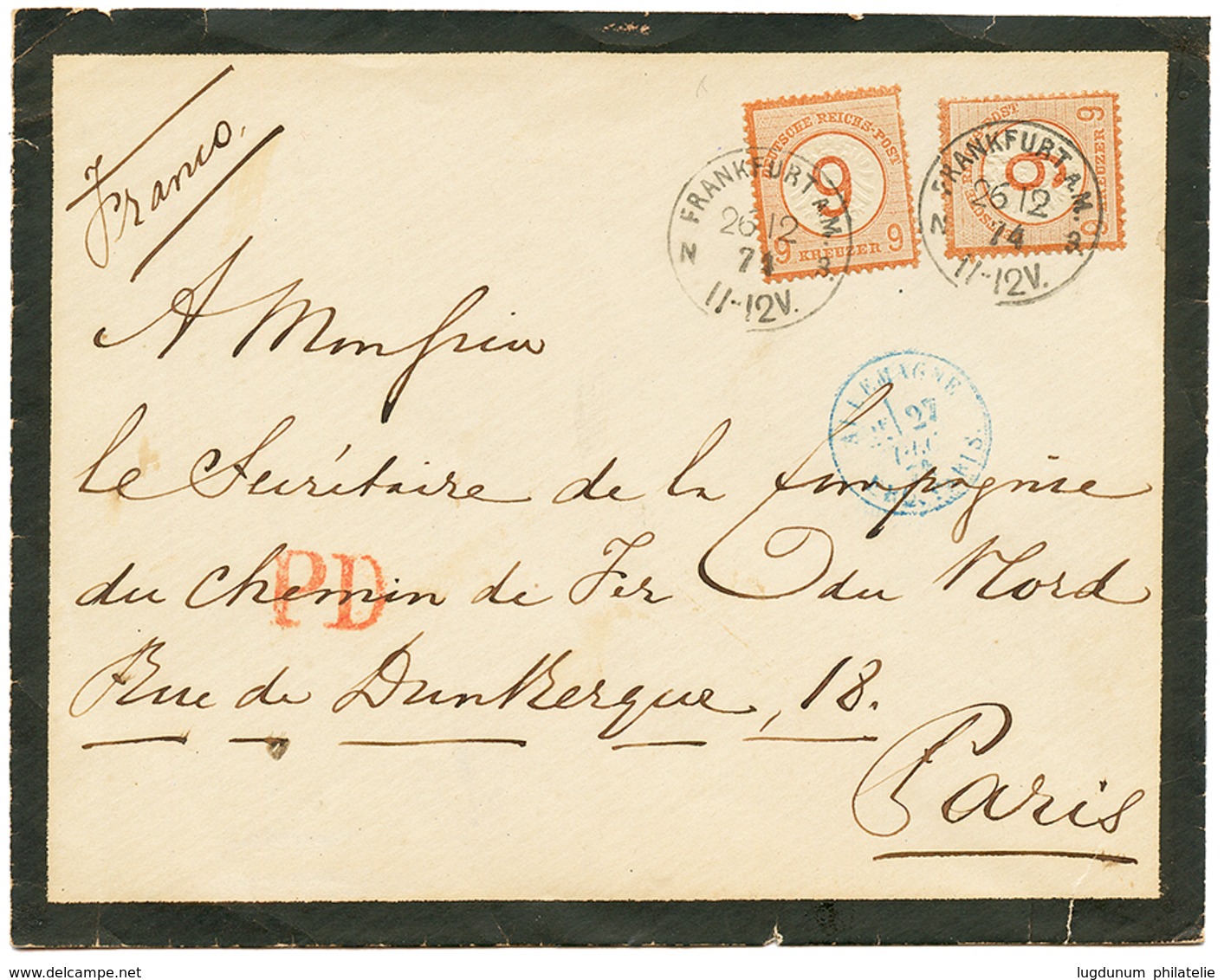 1874 9 On 9K X2 (one Stamp With 2 Short Perf.) Canc. FRANKFURT On Envelope To PARIS (FRANCE). Rare Franking. Superb. - Otros & Sin Clasificación