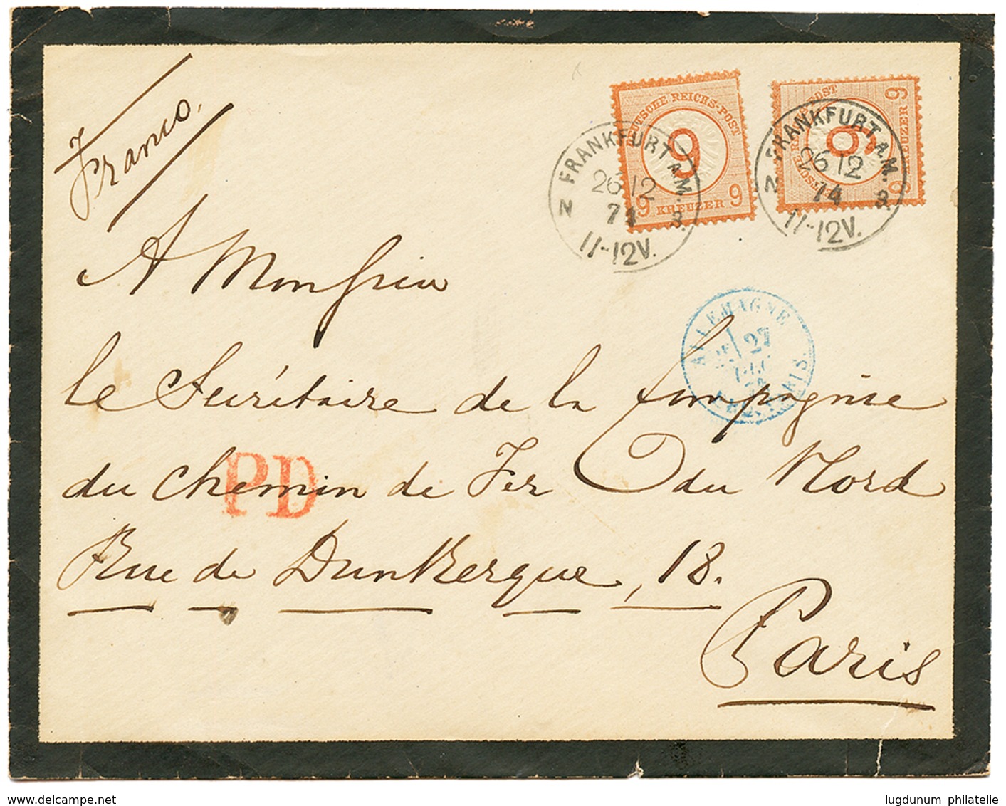 1874 9 On 9K X2 (one Stamp With 2 Short Perf.) Canc. FRANKFURT On Envelope To PARIS (FRANCE). Rare Franking. Superb. - Autres & Non Classés