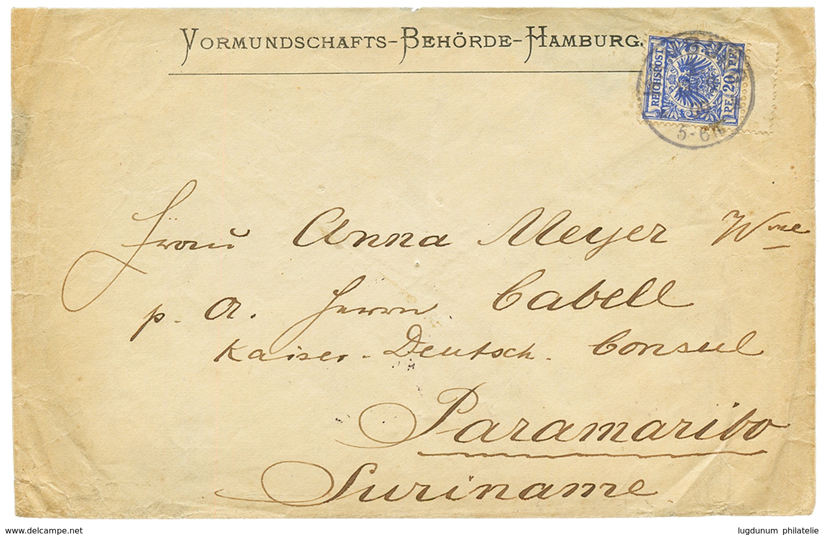 GERMANY To SURINAM : 1899 20pf Canc. HAMBURG On Envelope To PARAMARIBO With Arrival Cds. Vf. - Otros & Sin Clasificación