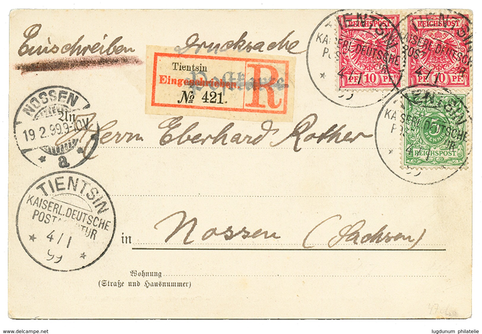 CHINA - VORLAUFER : 1899 GERMANY 5pf + 10pf(x2) Canc. TIENTSIN On REGISTERED Card To GERMANY. Vvf. - China (oficinas)