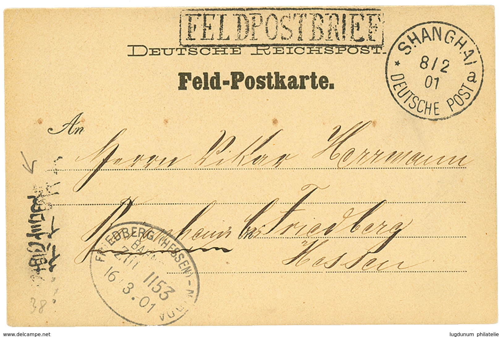 1901 Boxed FELDPOSTBRIEF + SHANGHAI DEUTSCHE POST On Military Card To GERMANY. Vvf. - China (oficinas)