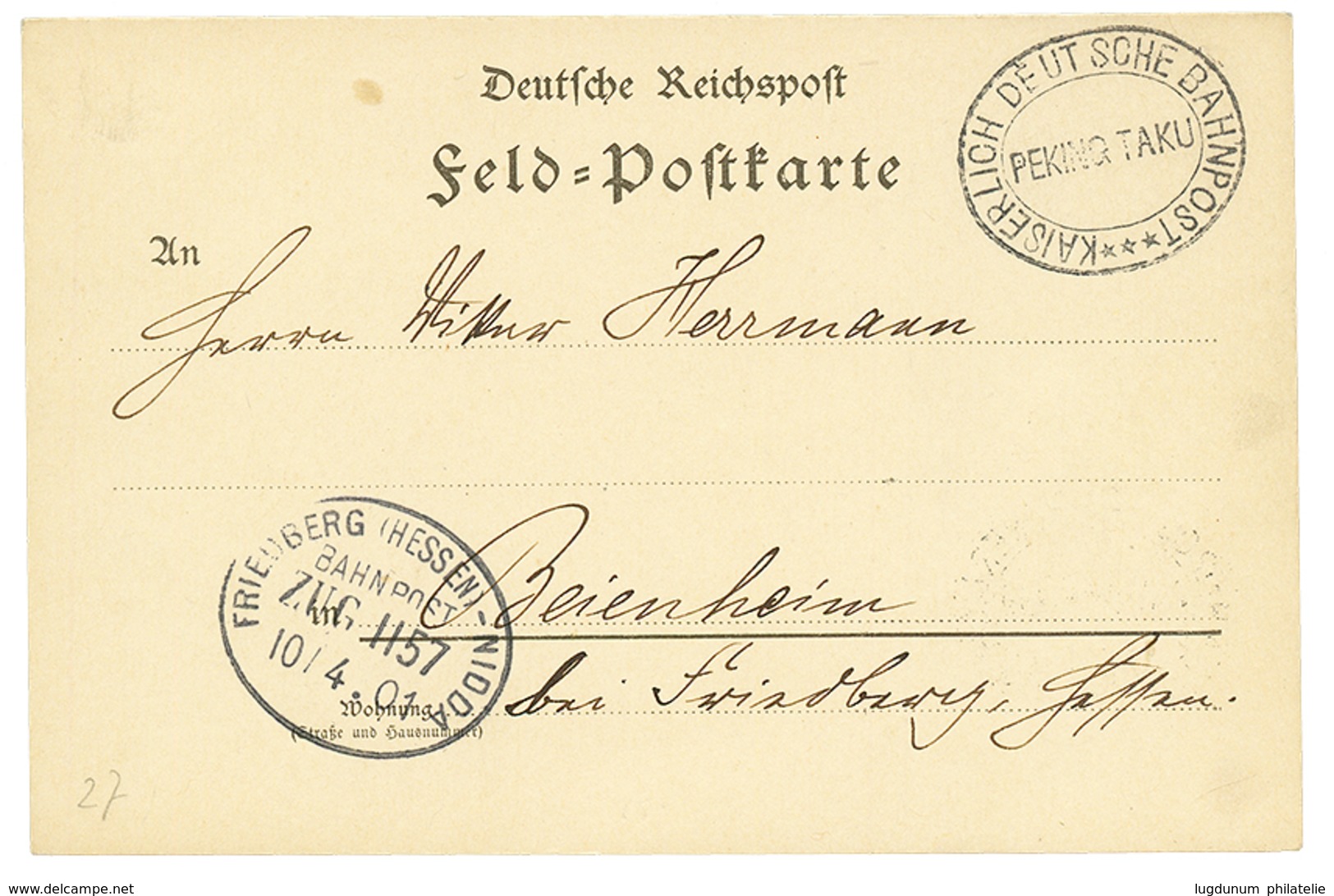 1901 KAISERLICH DEUTSCHE BAHNPOST PEKING-TAKU On Military Card. RARE. Superb. - Chine (bureaux)