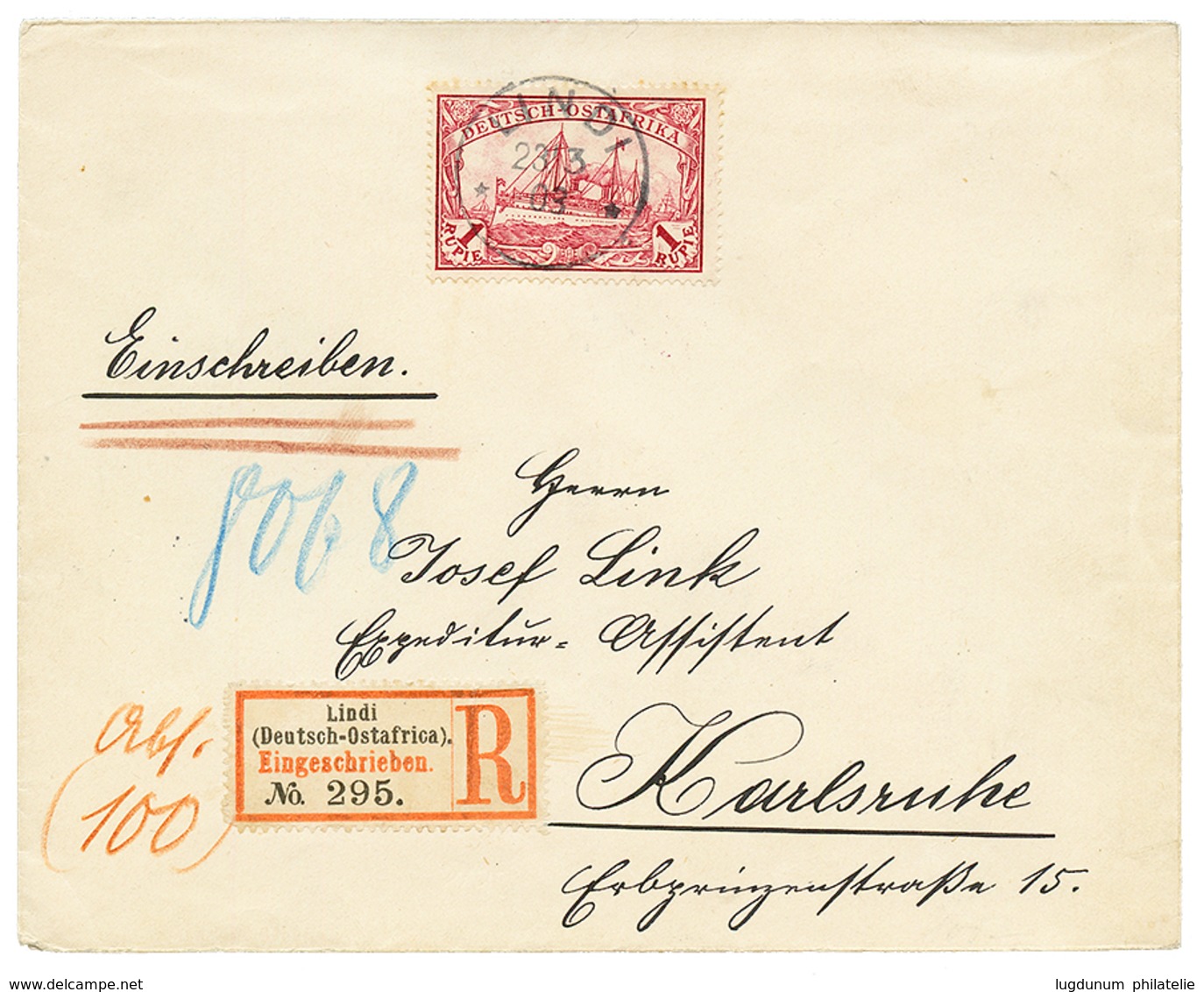 "LINDI" : 1903 1 MARK Canc. LINDI On REGISTERED Envelope To GERMANY. Superb. - África Oriental Alemana