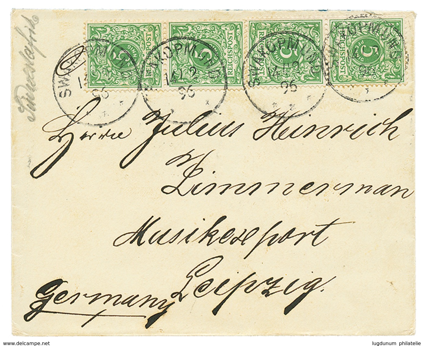 VORLAUFER : 1896 GERMANY 5pf(V46c)x 5 Canc. SWAKOPMUND On Cover To GERMANY. JÄSCHKE-LANTELME Certificate(2018). Vvf. - África Del Sudoeste Alemana