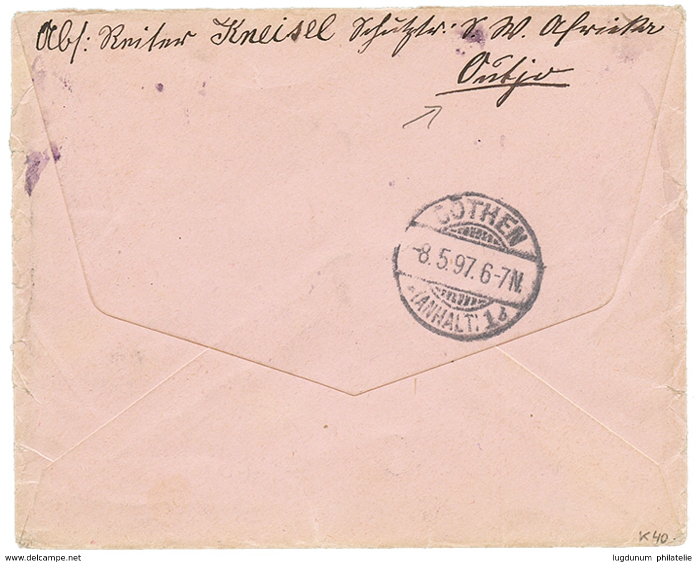 "OUTJO Precursor" : 1897 VORLAUFER 20pf(x2) Canc. OMARURU On Envelope From OUTJO To GERMANY. The Post Office Of OUTJO Wa - África Del Sudoeste Alemana