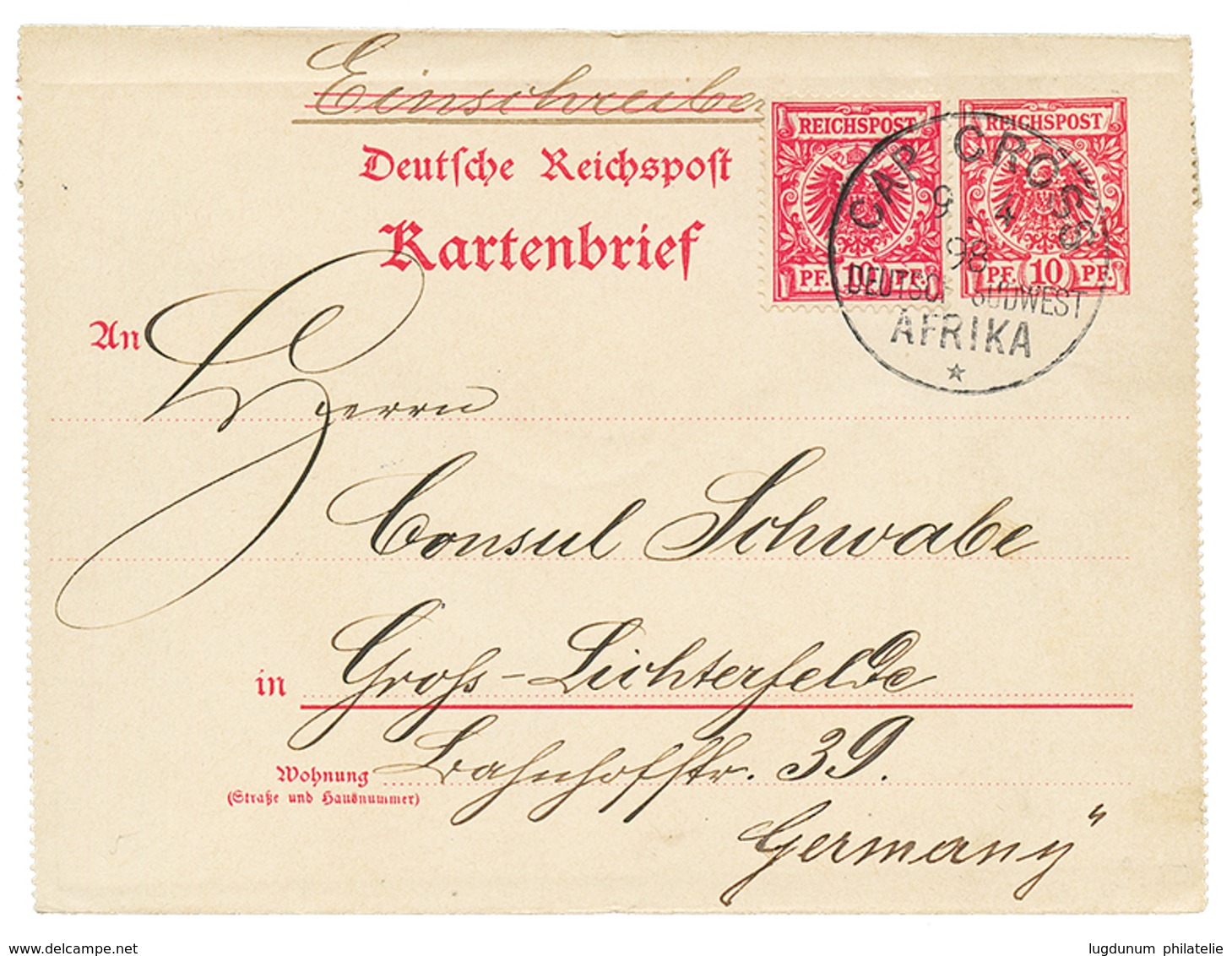 VORLAUFER : 1898 P./Stat 10pf + 10pf Canc. CAP CROSS To GERMANY. Superb. - Duits-Zuidwest-Afrika
