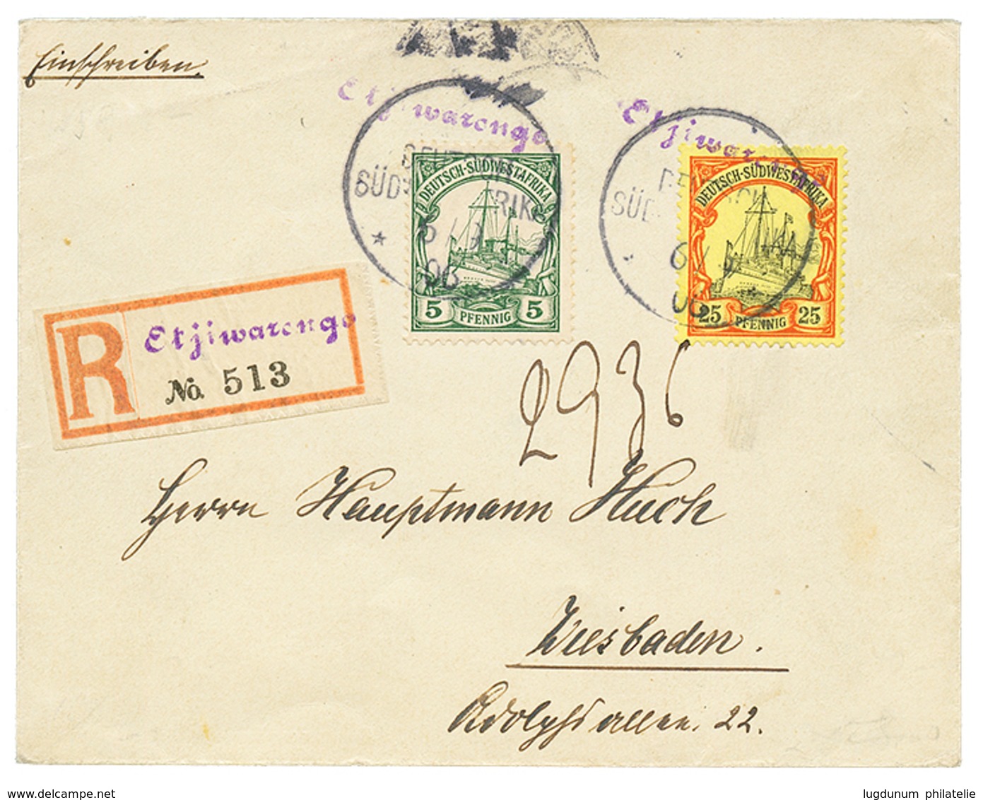 1906 5pf + 25pf Canc. OTJIWARONGO On REGISTERED Envelope To GERMANY. Scarce. Vvf. - Sud-Ouest Africain Allemand