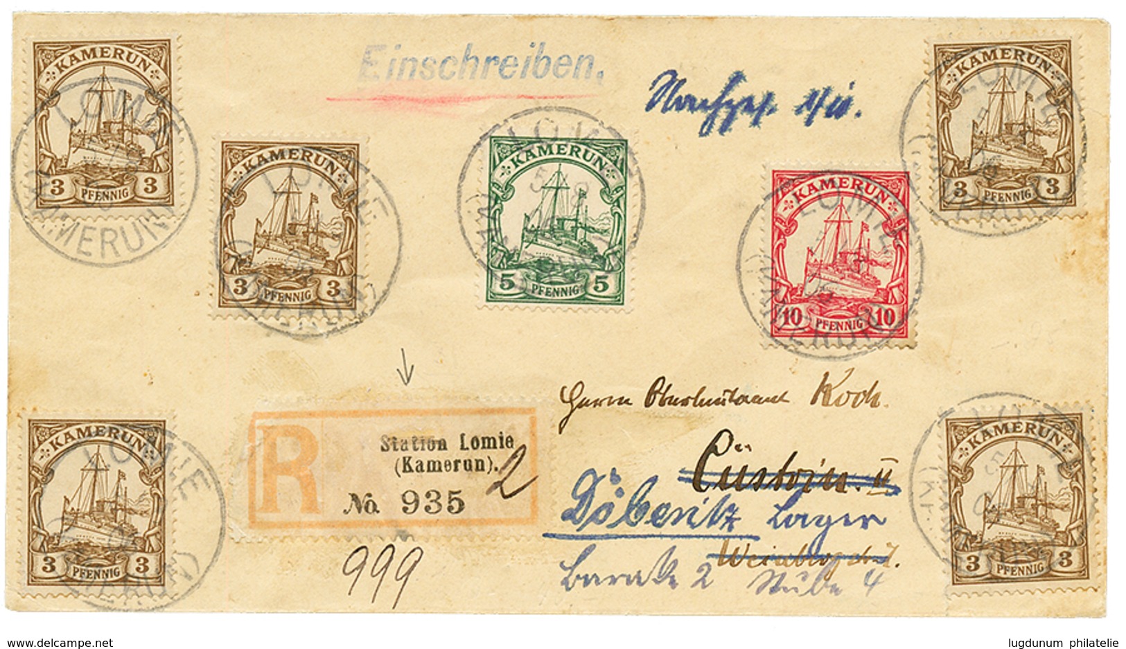 "LOMIE" : 1906 3pf (x5) + 5pf + 10pf Canc. LOMIE KAMERUN + REGISTERED Label "STATION LOMIE 2" On Envelope To GERMANY. Sc - Cameroun