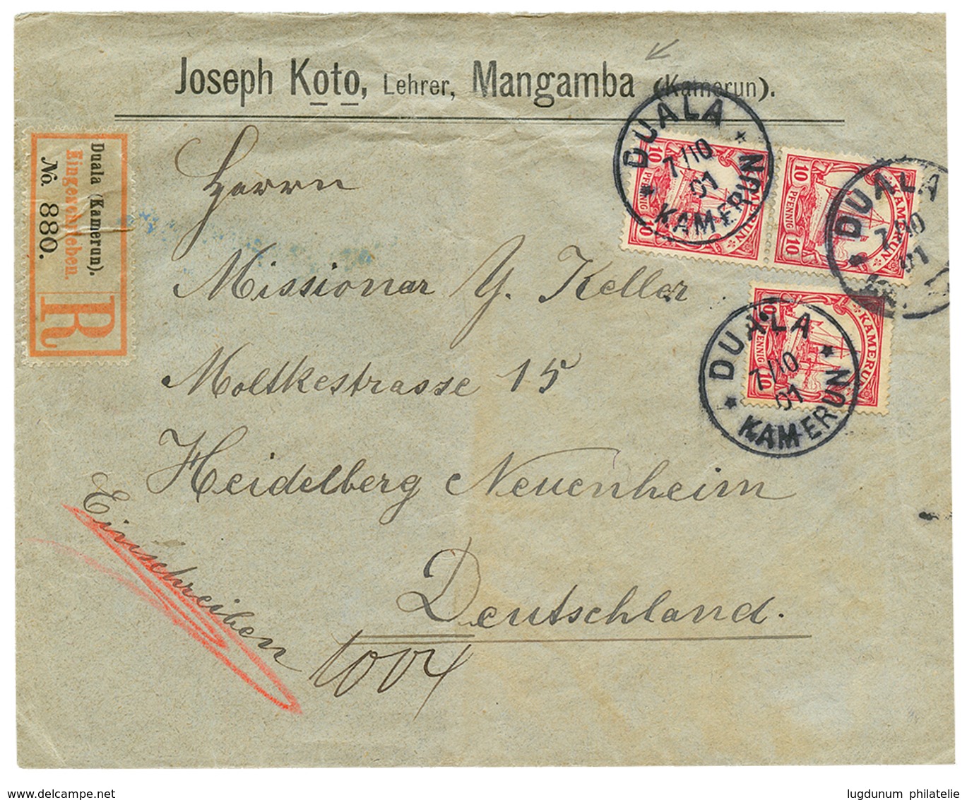 "MANGAMBA" : 1901 10pf(x3) Canc. DUALA KAMERUN On REGISTERED Commercial Envelope From MANGAMBA To GERMANY. Scarce. Vvf. - Kameroen