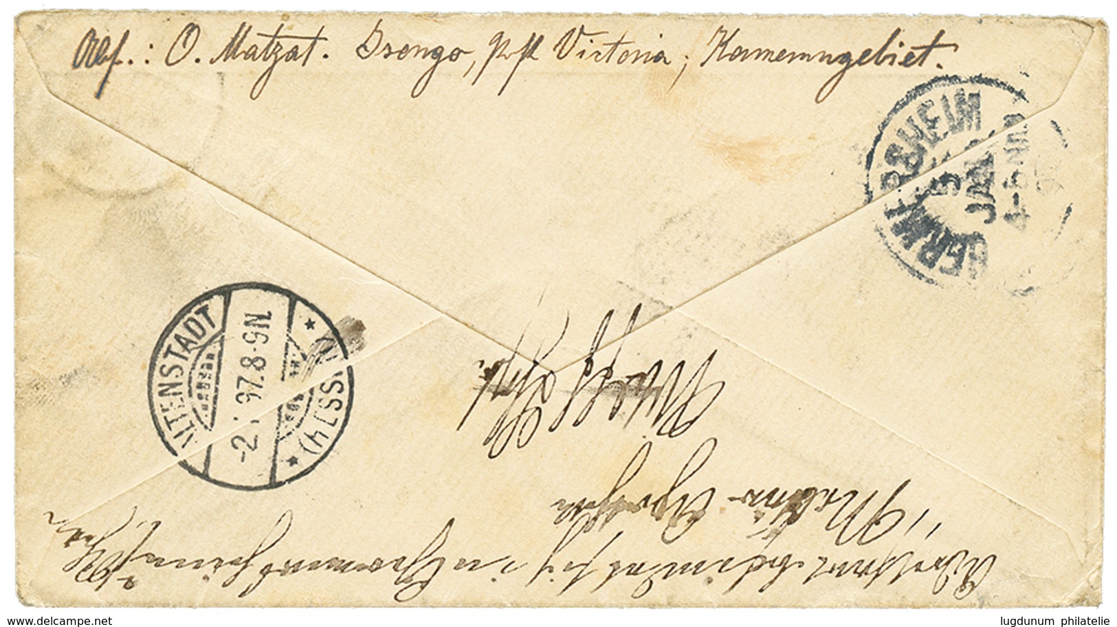"ISONGO Via VIKTORIA" : 1897 VORLAUFER 20pf Canc. VIKTORIA On Envelope To GERMANY. Verso, "O. MATZAT ISONGO P. VICTORIA  - Cameroun