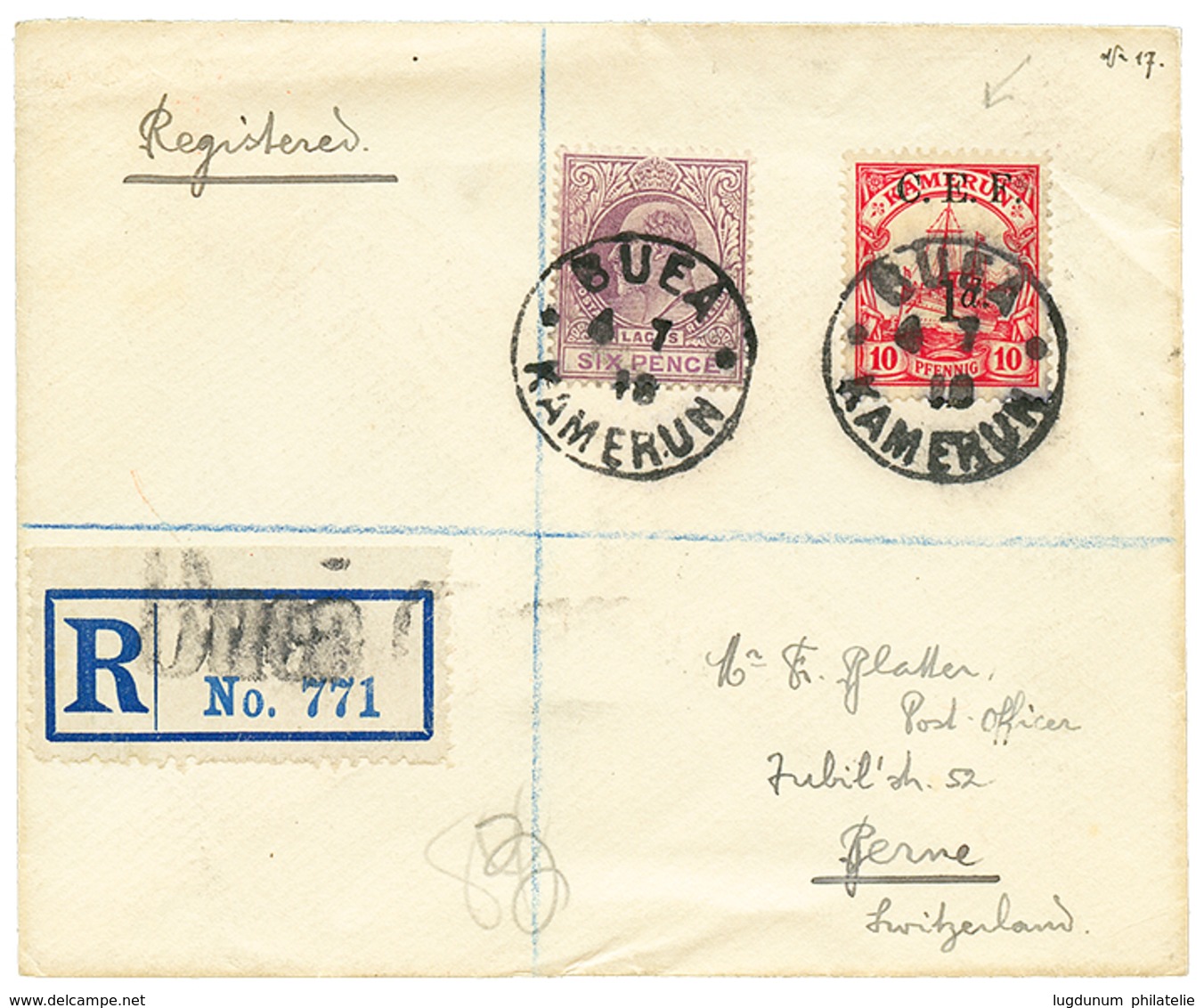 1918 Mixt Franking LAGOS 6d + KAMERUN C.E.F 1d On 10pf Canc. German Cds BUEA KAMERUN On REGISTERED Envelope To SWITZERLA - Kameroen