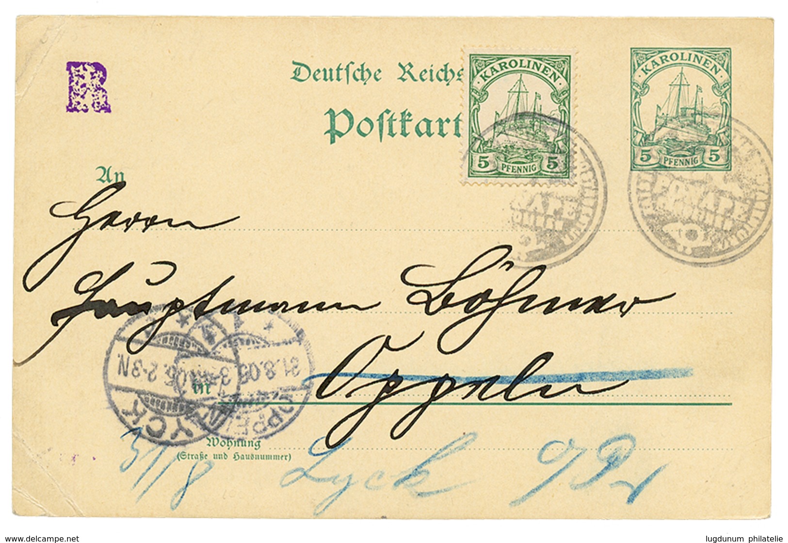 1905 P./Stat 5pf + 5pf Canc. Negativ Cachet PONAPE KAROLINEN To GERMANY. Vvf. - Carolines