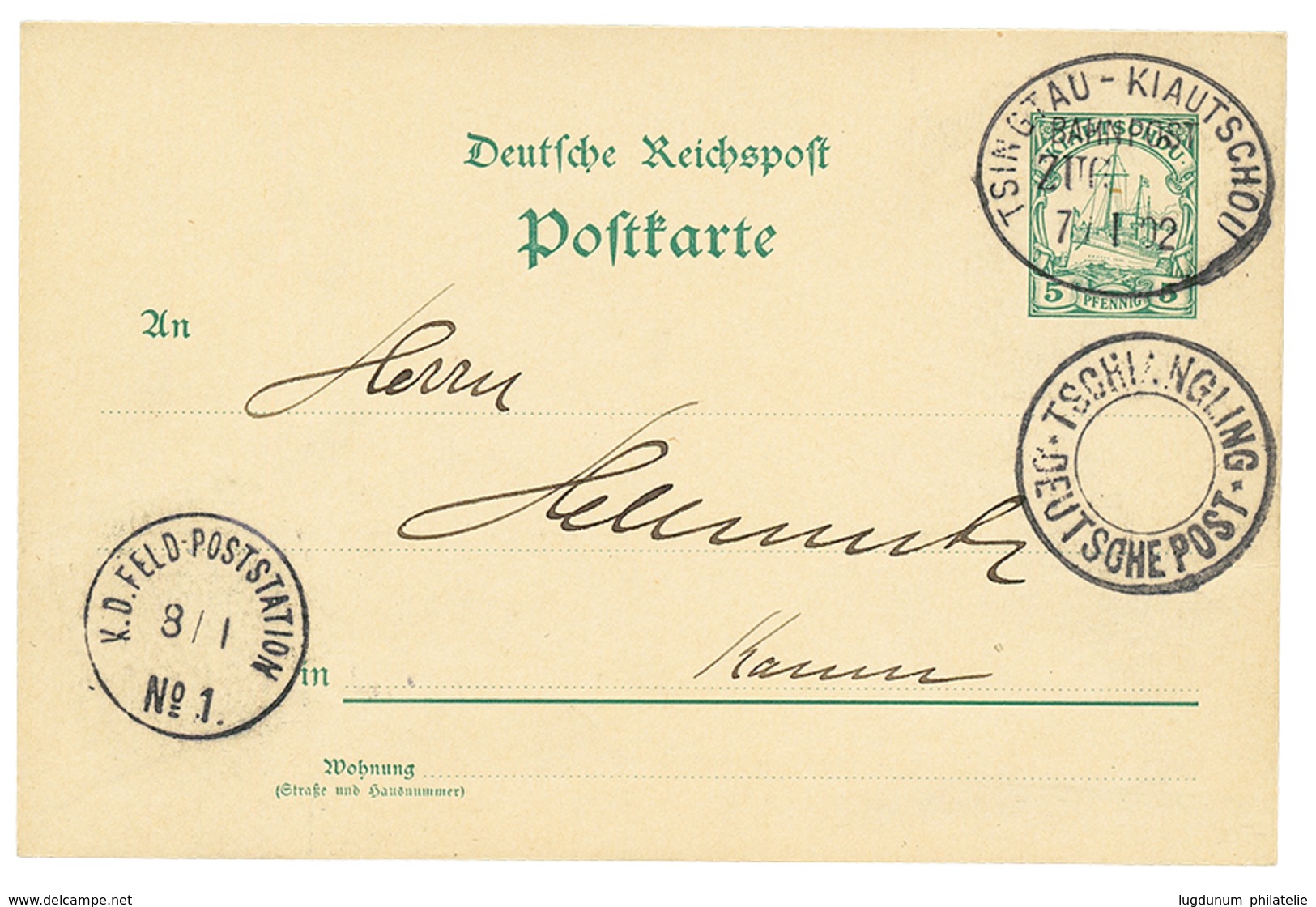 KIAUTSCHOU : 1902 P./Stat 5pf Canc. TSINGTAU-KIAUTSCHOU/ BAHNPOST/ ZUG + TSCHIANGLING DEUTSCHE POST + FELDPOSTSTATION N° - Kiaochow