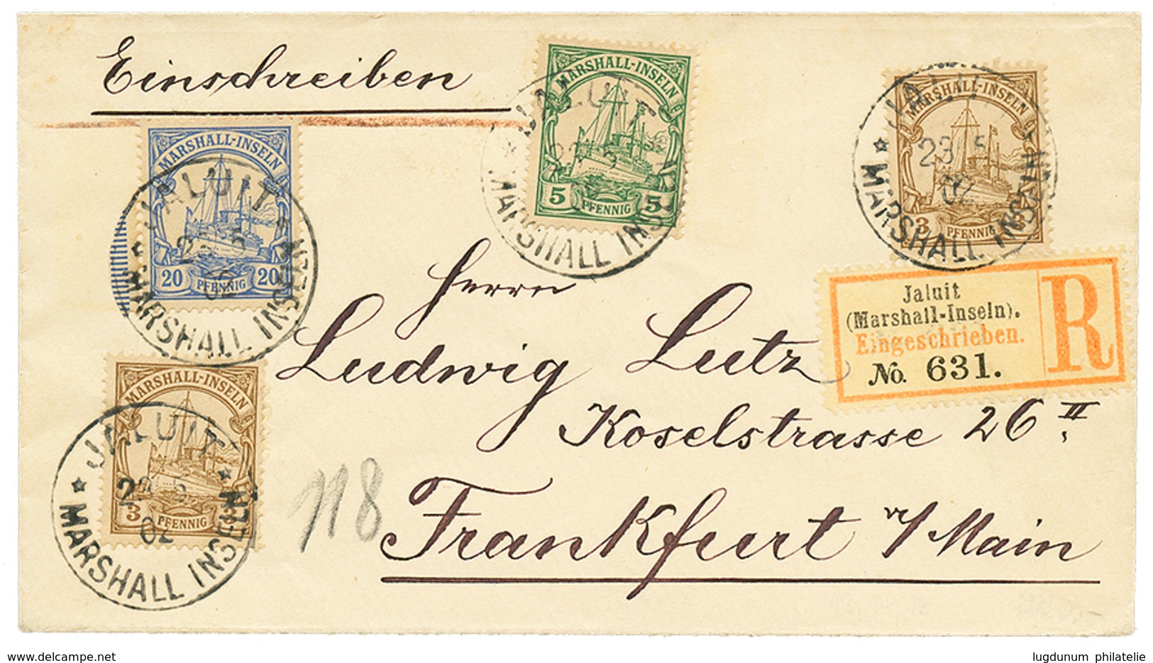 1902 3pf(x2) + 5pf + 20pf Canc. JALUIT MARSHALL INSELN On REGISTERED Envelope To GERMANY. Vvf. - Marshalleilanden