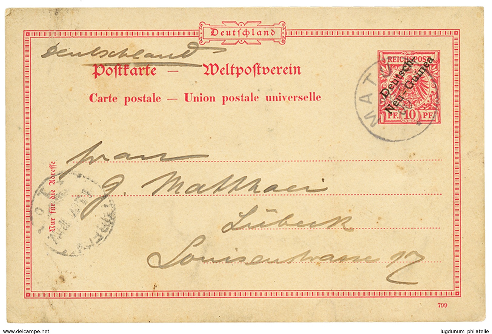 "MATUPI" : 1900 P./Stat 10pf Canc. MATUPI To LUBECK. Vvf. - Duits-Nieuw-Guinea