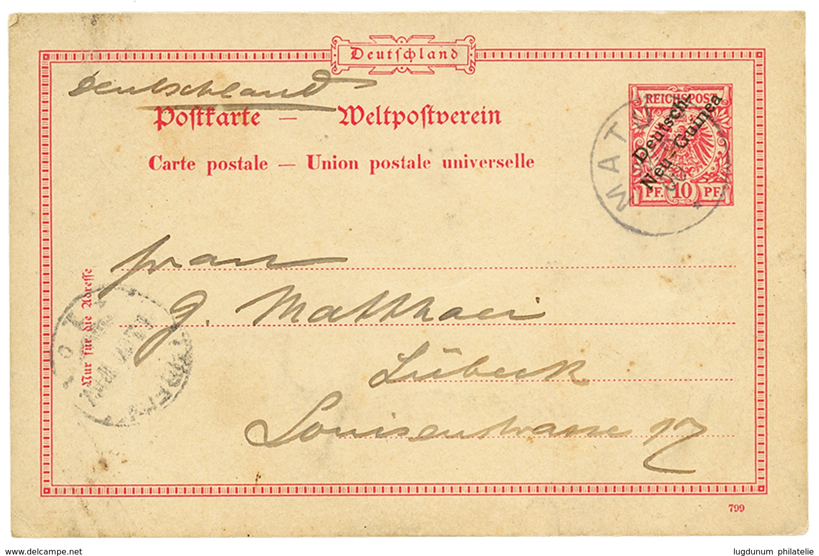 "MATUPI" : 1900 P./Stat 10pf Canc. MATUPI To LUBECK. Vvf. - Nouvelle-Guinée