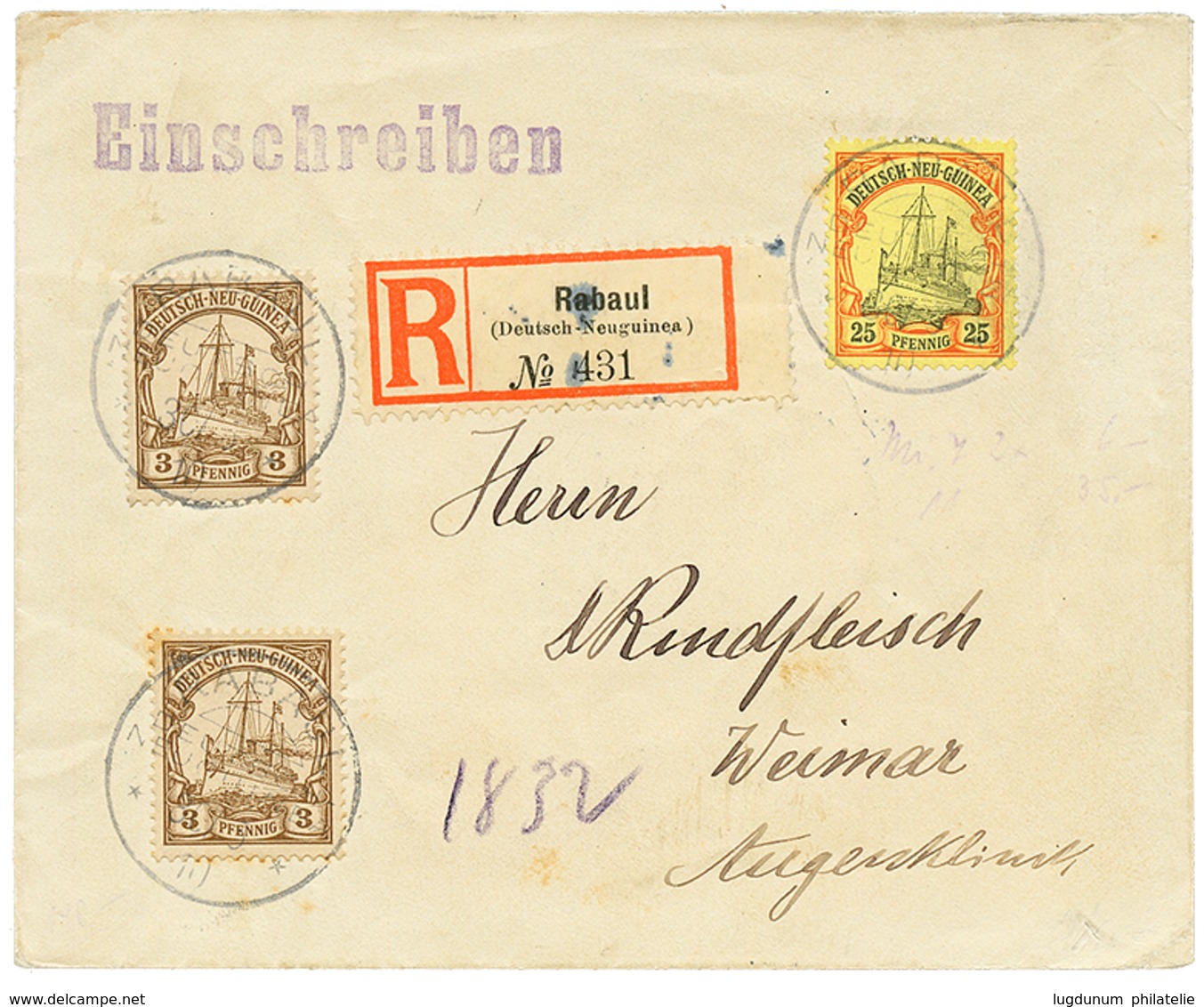 "RABAUL" : 1910 3pf(x2) + 25pf Canc. RABAUL On REGISTERED Envelope To WEIMAR. Vf. - Nouvelle-Guinée