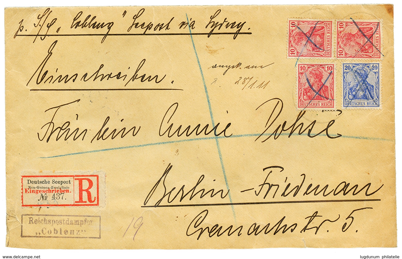1911 GERMANY 10pf(x3) + 20pf Pen Cancel On REGISTERED Envelope DEUTSCHE SEEPOST NEU-GUINEA ZWEIGLINIE + Boxed REICHPOST  - Nouvelle-Guinée