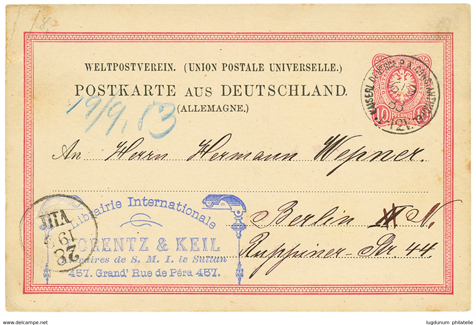 1883 GERMANY P./Stat 10pf Canc. KAISERL. DEUTSCH P.A CONSTANTINOPEL To BERLIN. Superb. - Turquie (bureaux)