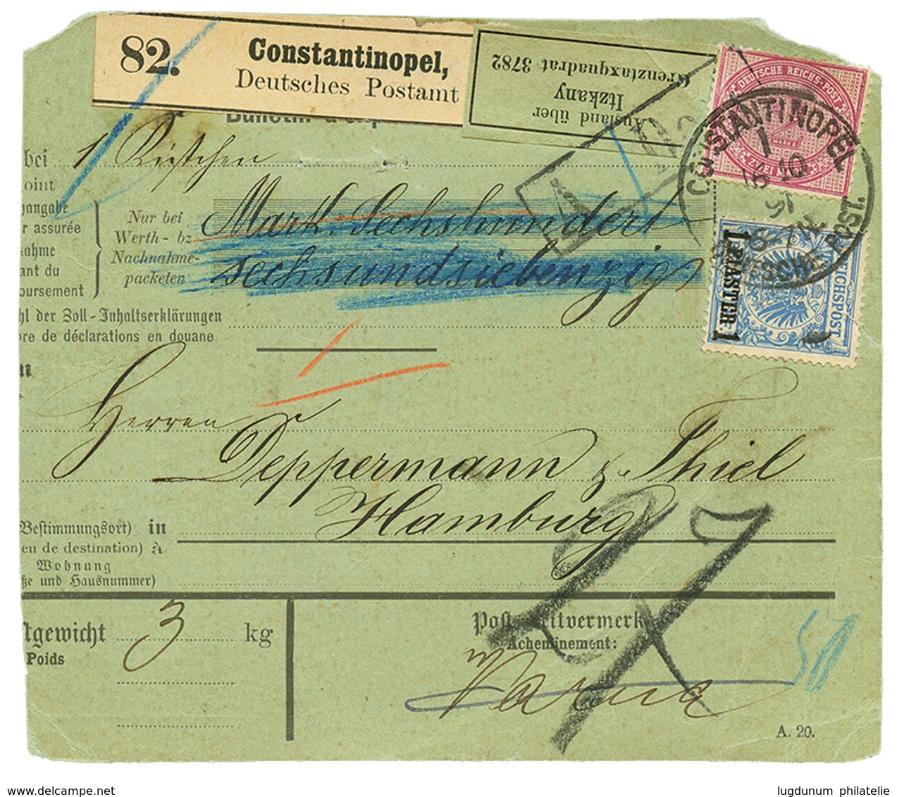GERMAN TURKEY - VORLAUFER : 1891 2 MARK(v37e) + 1p On 20pf Canc. CONSTANTINOPEL 1 (variante Ohne Stern) On Packet Card T - Turquie (bureaux)