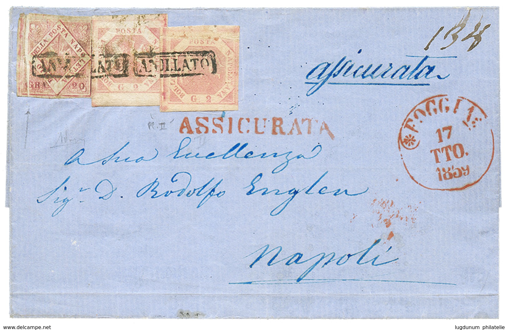 NAPOLI : 1859 20g With Variety Of Printing + 2g(x2) On REGISTERED Cover From GOGGIA To NAPOLI. Vf. - Zonder Classificatie