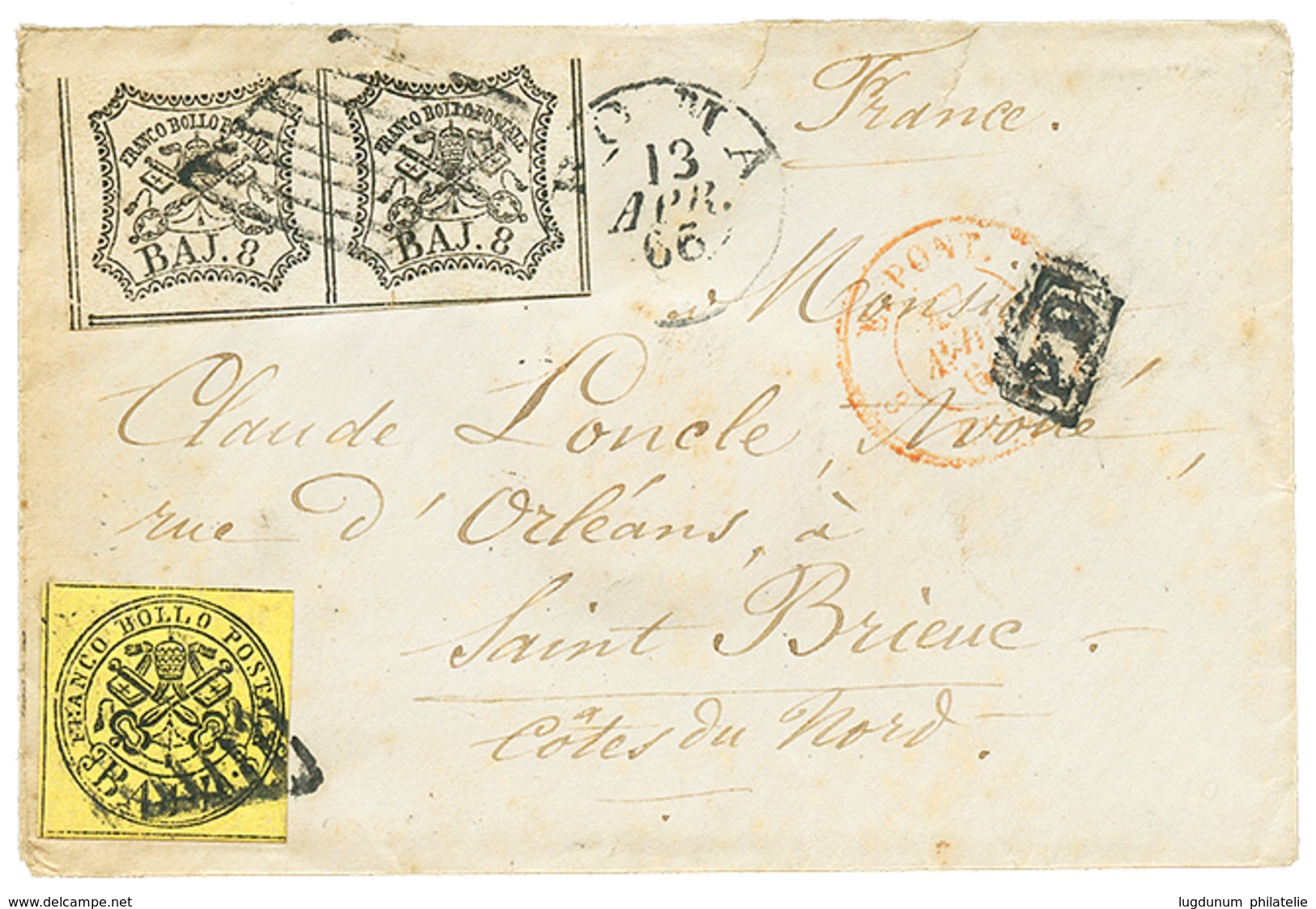PAPAL STATES : 1866 4B + Pair 8B On Envelope From ROMA To FRANCE. Vf. - Zonder Classificatie