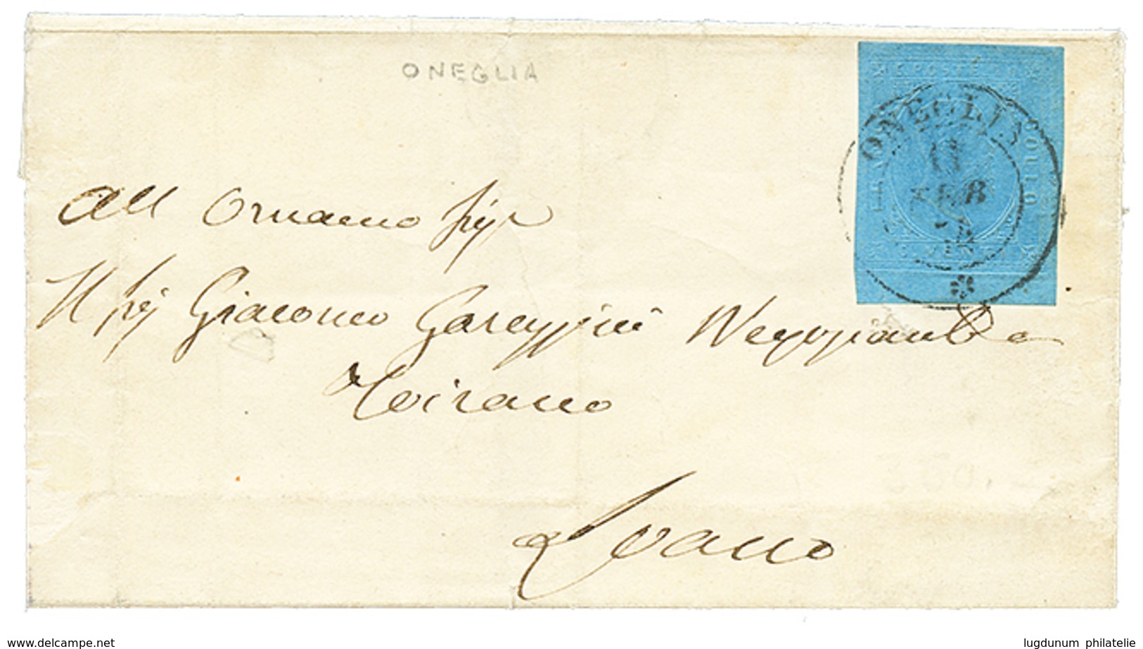 SARDINIA : 1854 20c Canc. ONEGLIA On Cover To LOANO (superb Arrival Cds). Vf. - Zonder Classificatie
