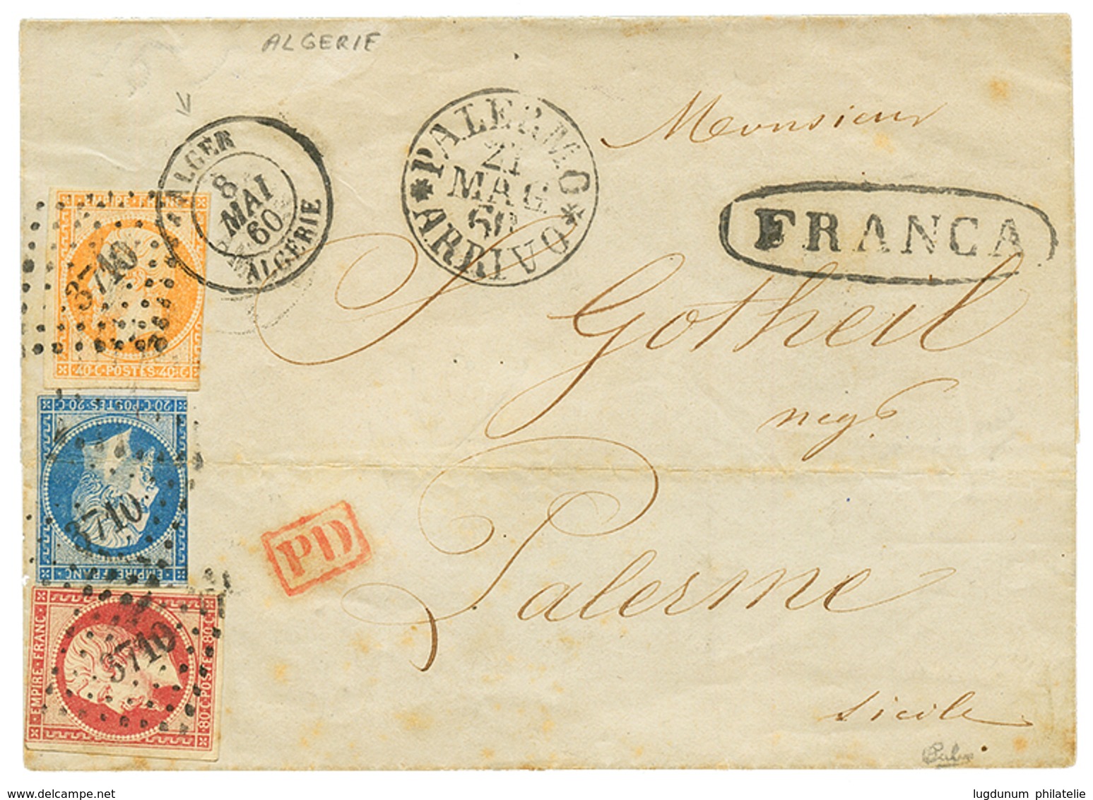 SICILY - Incoming Mail : 1860 FRANCE 20c+ 40c+ 80c On Cover From ALGERIAto PALERMO (SICILY). Signed CALVES. Some Faults  - Zonder Classificatie