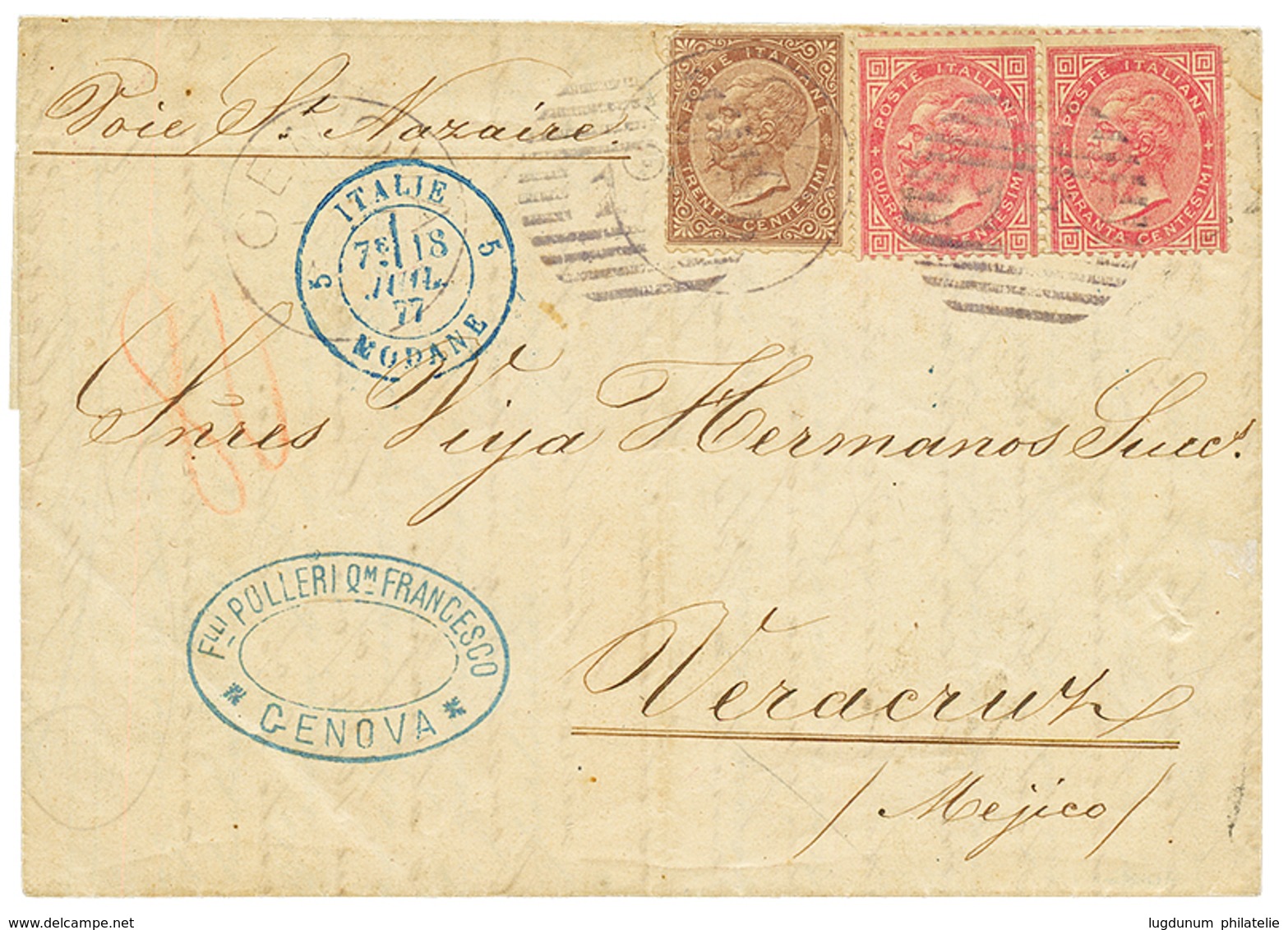 "1L.10 To MEXICO" : 1877 30c + 40c(x2) On Entire Letter From GENOVA To VERA-CRUZ (MEXICO). Vvf. - Non Classés