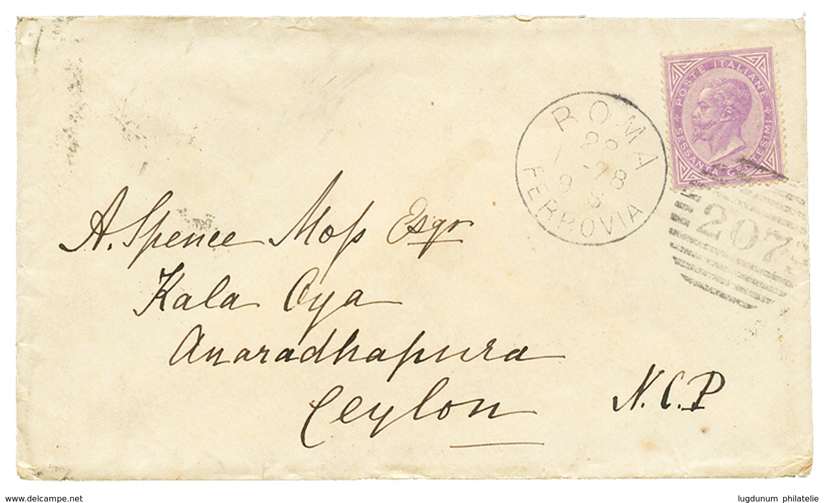 "destination CEYLON" : 1878 60c Canc. 207 + ROMA On Envelope To ANARADHAPURA (CEYLON). Superb. - Zonder Classificatie