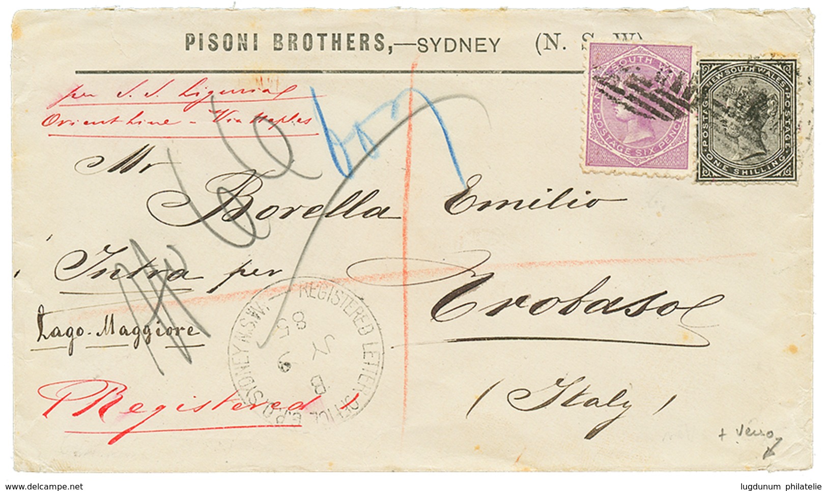 "MAGADINO-ARONA N°3" : 1885 NEW SOUTH WALES 1 Shilling + 6d On REGISTERED Envelope From SUDNEY To TROBASO (ITALY). Verso - Non Classés