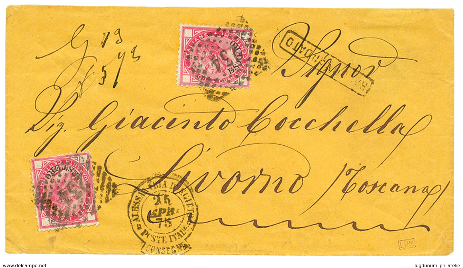 EGYPT - ITALIAN P.O : 1875 ESTERO 40c(x2) Canc. 234 + ALESSANDRIA D'EGITTO POSTE ITALIANE/CONSEGNA On REGISTERED Envelop - Zonder Classificatie