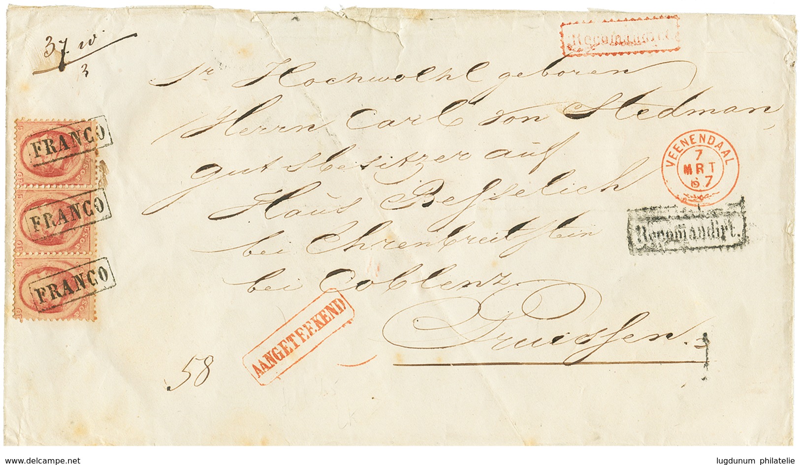 1867 10c Strip Of 3 Canc. FRANCO + VEENENDAAL + RECOMANDIRT On REGISTERED Envelope To PRUSSIA. Scarce. Vvf. - Otros & Sin Clasificación