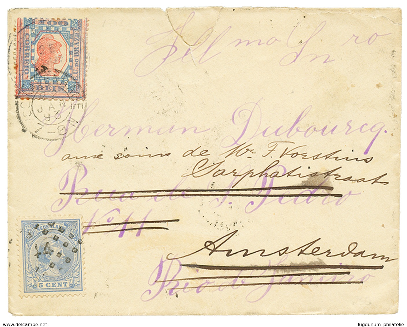 1892 NETHERLANDS 5c On Envelope(small Tear) To RIO DE JANEIRO Redirected With BRAZIL 100R. Nice Combination. Vvf. - Autres & Non Classés