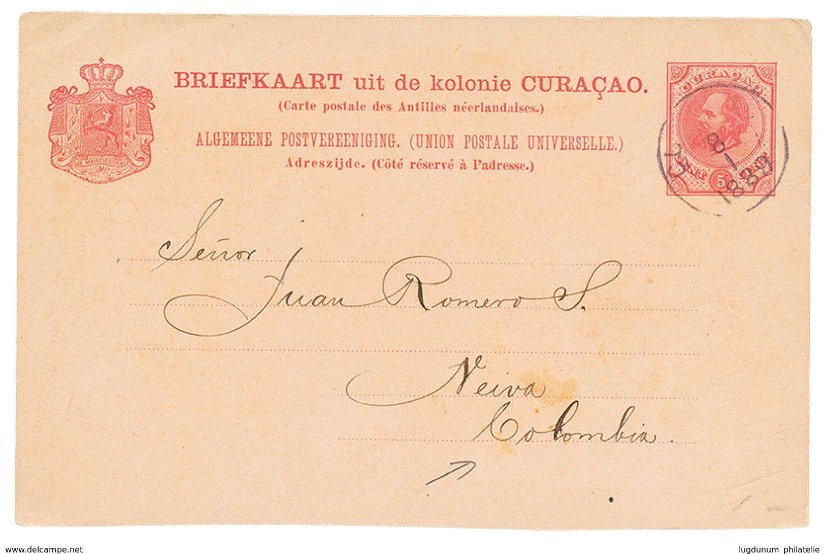CURACAO To COLOMBIA : 1889 P./Stat 5c From CURACAO To NEIVA (COLOMBIA). Vf. - Curaçao, Nederlandse Antillen, Aruba