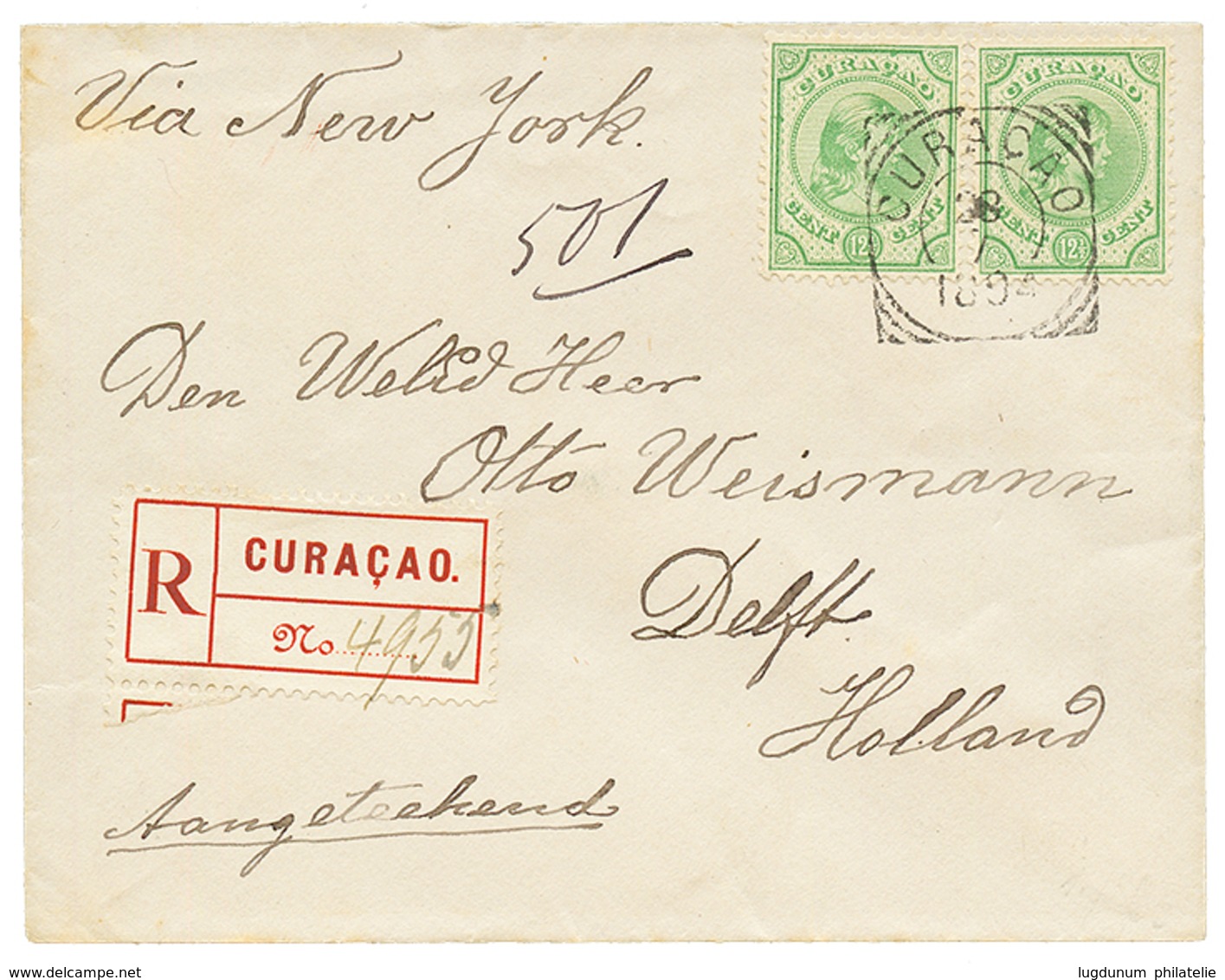 CURACAO : 1894 12 1/2c(x2) Canc. CURACAO On REGISTERED Envelope To DELFT. Superb. - Curaçao, Antilles Neérlandaises, Aruba