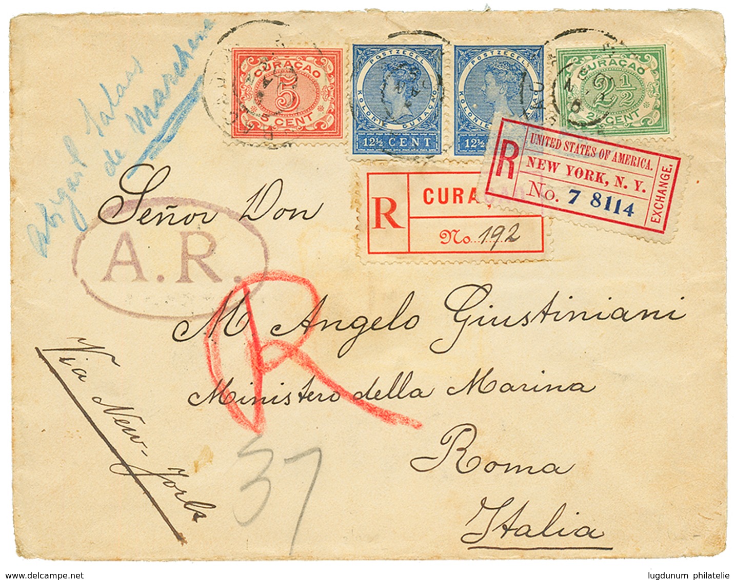 CURACAO : 1909 12 1/2c(x2) + 2c+ 5c Canc. CURACAO On REGISTERED Envelope With A.R To ROMA (ITALY). Vf.. - Curaçao, Nederlandse Antillen, Aruba