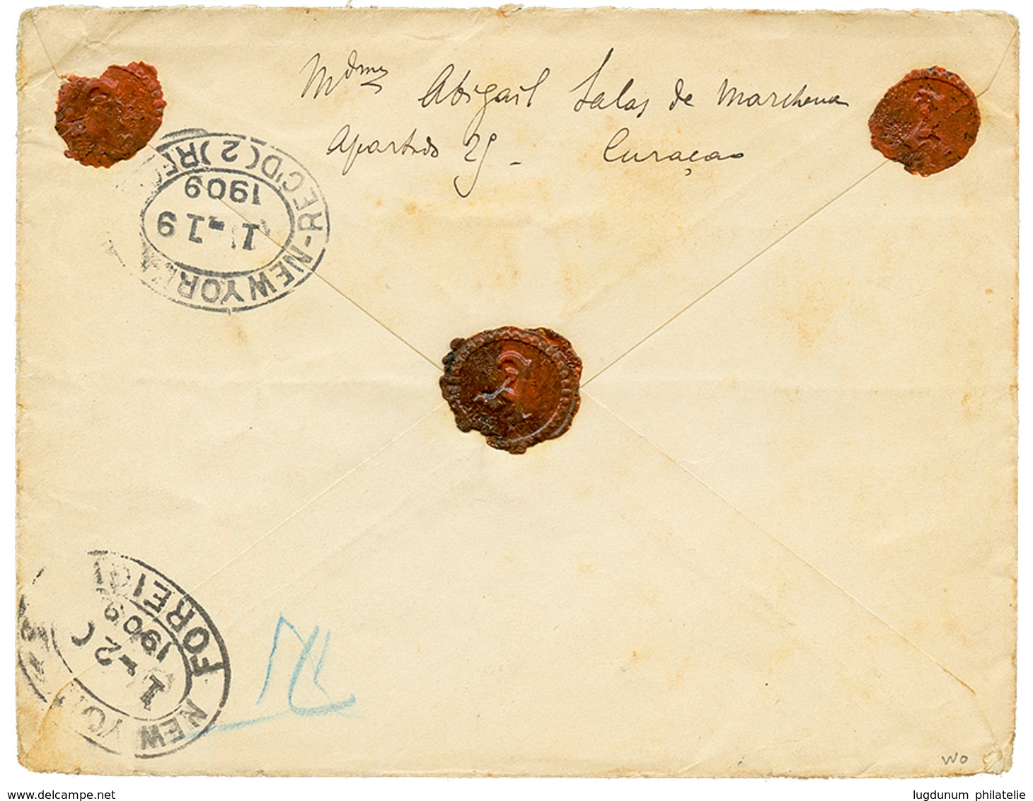 CURACAO : 1909 12 1/2c(x2) + 2c+ 5c Canc. CURACAO On REGISTERED Envelope With A.R To ROMA (ITALY). Vf.. - Curaçao, Nederlandse Antillen, Aruba